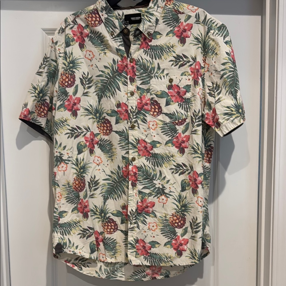 Red and Green Casual Button Down Shirt with Floral Print